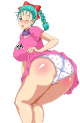 Rule 34 | 0byte, 1girl, ass, blue eyes, blush, braid, breasts, bulma, clothes lift, dragon ball, female focus, green hair, hair ornament, huge ass, large breasts, long hair, one eye closed, open mouth, panties, polka dot, polka dot panties, simple background, skirt, skirt lift, smile, solo, tongue, underwear, white background, wink
