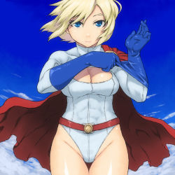 Rule 34 | 1girl, adjusting clothes, adjusting gloves, alien, animification, belt, blonde hair, blue eyes, blue gloves, blue sky, breasts, cape, cleavage, cleavage cutout, clothing cutout, cloud, day, dc comics, female focus, flying, gloves, kryptonian, large breasts, leotard, long sleeves, power girl, red belt, red cape, short hair, sky, smile, solo, superman (series), thigh gap, tsukudani (coke-buta), wind