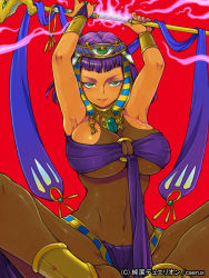 Rule 34 | 1girl, armpits, ass, bodystocking, breasts, cleavage, cobra (animal), copyright name, curvy, dark-skinned female, dark skin, egyptian, eroe, eyelashes, green eyes, hat, headdress, holding, huge breasts, jewelry, junketsu duelion, lips, lots of jewelry, mole, mole under eye, navel, necklace, o-ring, o-ring top, official art, purple hair, red background, simple background, sitting, solo, spread legs, staff, watermark, yuneria philopator