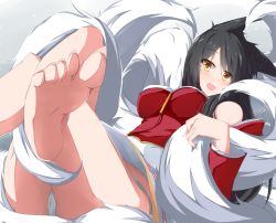 Rule 34 | 1girl, absurdres, ahri (league of legends), animal ears, bare shoulders, barefoot, black hair, blush, breasts, detached sleeves, facial mark, fang, feet, fingernails, fox ears, fox tail, highres, korean clothes, large breasts, league of legends, crossed legs, looking at viewer, multiple tails, open mouth, panties, qca012005, solo, tail, underwear, whisker markings, yellow eyes