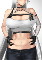 Rule 34 | 1girl, arm strap, azur lane, bandaged arm, bandages, bare shoulders, belly, belly grab, black choker, black gloves, black pants, blush, breasts, buckle, choker, cleavage, closed mouth, commentary request, cowboy shot, crop top, gloves, gradient background, grey background, head out of frame, highres, inuchiyo (inuchiyo44), large breasts, long hair, midriff, multiple straps, navel, nose blush, o-ring, o-ring top, pants, pinching, plump, police badge, scar, shiny skin, sidelocks, silver hair, snap-fit buckle, solo, sovetskaya rossiya (azur lane), sovetskaya rossiya (the lackadaisical lookout) (azur lane), standing, sweatdrop, tank top, underbust, very long hair, weight conscious, white background, white tank top