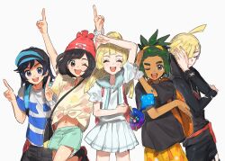 2girls 3boys backpack bag beanie black_hair black_pants black_shirt black_sweater blonde_hair blue_shirt brother_and_sister brown_eyes closed_eyes closed_mouth cosmog creatures_(company) elio_(pokemon) fua1heyvot4ifsr game_freak gen_7_pokemon gladion_(pokemon) green_shorts hat hau_(pokemon) highres legendary_pokemon lillie_(pokemon) multiple_boys multiple_girls navel nintendo orange_shorts pants pointing pokemon pokemon_(creature) pokemon_sm selene_(pokemon) shirt shorts siblings simple_background skirt smile sweater two-tone_shirt white_background white_shirt white_sweater