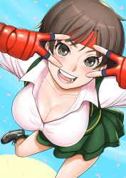 Rule 34 | 1girl, arms up, breasts, brown eyes, brown hair, capcom, cleavage, collarbone, commentary request, double v, dress, fingerless gloves, gloves, green dress, headband, highres, kasugano sakura, large breasts, layered dress, long sleeves, looking at viewer, open mouth, red gloves, red headband, shigenobu, shirt, short dress, short hair, smile, solo, standing, street fighter, street fighter v, teeth, v, white shirt, wing collar