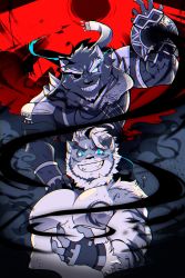Rule 34 | 2boys, ahoge, animal ears, bara, bare pectorals, belly, blue eyes, chest tattoo, fingerless gloves, forked eyebrows, furry, furry male, gloves, glowing, glowing eyes, green eyes, grey fur, hand on another&#039;s shoulder, highres, hombre tigre (housamo), jaguar boy, jaguar ears, jaguar tail, large pectorals, limited palette, lisuchi, male focus, multiple boys, muscular, navel, nipples, one eye covered, pectorals, sharp teeth, short hair, spot color, tail, tattoo, teeth, tezcatlipoca (housamo), thick eyebrows, tiger boy, tiger ears, tokyo houkago summoners, white hair