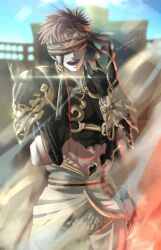 Rule 34 | 1boy, black hair, blindfold, chinese clothes, covered eyes, earrings, ikoka no.2, jewelry, male focus, parted lips, qin shi huang, short hair, shuumatsu no valkyrie, solo