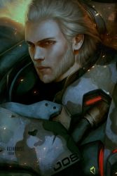 Rule 34 | 1boy, armor, artist name, beard, blonde hair, brown eyes, character name, commentary, embers, eyebrows, facial hair, highres, lips, looking at viewer, male focus, manly, nose, overwatch, overwatch 1, portrait, realistic, reinhardt (overwatch), serious, signature, solo, aged down, zaina