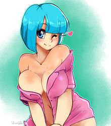 Rule 34 | 1girl, aqua hair, blue eyes, blush, breasts, bulma, collarbone, dragon ball, geeflakes, gradient background, heart, highres, large breasts, looking at viewer, naked shirt, navel, no bra, one eye closed, pink shirt, shirt, short hair, simple background, smile, solo, wink