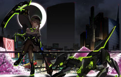 Rule 34 | 1girl, armor, armored dress, barcode, black footwear, blurry, blurry background, boots, breasts, brown thighhighs, cherry blossoms, cityscape, clothing cutout, covered mouth, crescent moon, crossed legs, dress, elbow gloves, freze, full body, gloves, grin, hair over one eye, hand up, headpiece, highres, holding, holding scythe, honkai (series), honkai impact 3rd, horns, knee boots, looking at viewer, mecha, mechanical gloves, mole, mole under eye, moon, neon trim, night, red eyes, rita rossweisse, rita rossweisse (phantom iron), robot, scythe, short hair, side cutout, sidelocks, sitting, smile, solo, thighhighs, tube, wind