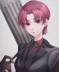 Rule 34 | 1girl, bazett fraga mcremitz, black gloves, black jacket, black necktie, black suit, breasts, coat, collared shirt, dress shirt, fate/grand order, fate (series), formal, gloves, grey coat, highres, jacket, long sleeves, looking at viewer, manannan mac lir (fate), manannan mac lir (first ascension) (fate), medium breasts, mole, mole under eye, necktie, open clothes, open coat, open mouth, parted bangs, red eyes, red hair, red shirt, shirt, short hair, solo, suit, vutina 217