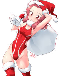 Rule 34 | 1girl, absurdres, alternate costume, armpits, artist name, blush, breasts, cameltoe, christmas, collarbone, colored eyelashes, competition swimsuit, covered navel, cowboy shot, dated, female focus, fur-trimmed headwear, fur trim, girls und panzer, gloves, groin, hat, highleg, highleg swimsuit, highres, kuzuryuu kennosuke, leaning to the side, legs apart, leotard, looking at viewer, medium breasts, one-hour drawing challenge, one-piece swimsuit, open mouth, red eyes, red gloves, red hair, red hat, red one-piece swimsuit, red thighhighs, rosehip (girls und panzer), sack, santa hat, short hair, simple background, solo, standing, swimsuit, thighhighs, thighs, white background, wide-eyed