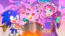 Rule 34 | 1boy, 1girl, :d, :o, animal nose, apron, artist request, bad food, blue eyes, blue fur, bottle, braided hair rings, bug, butterfly, caliburn (sonic), candy, circlet, collared dress, constricted pupils, cooking, cooking pot, cracked egg, dress, egg, egg (food), egg yolk, fire, flower, food, gem, gloves, green eyes, hair rings, hat, hedgehog ears, hedgehog tail, highres, holding, holding bottle, holding food, holding staff, hot dog, insect, jewelry, ladle, leaf, lollipop, long hair, long sleeves, magic, merlina (sonic), mob cap, mushroom, official alternate costume, official art, open mouth, parted bangs, pink flower, pink gemstone, pink hair, plant, pointy ears, purple apron, purple dress, red footwear, ring, salt shaker, scared, shoes, single hair ring, smile, socks, sonic (series), sonic and the black knight, sonic the hedgehog, staff, standing, swirl lollipop, sword, tentacles, third-party source, waist apron, watermark, weapon, white gloves, white headwear, white socks, wide-eyed, wide sleeves