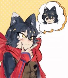 Rule 34 | 1girl, :3, animal ears, animated, black hair, blinking, cat ears, cat girl, dungeon meshi, izutsumi, live2d, magentaroll, red scarf, scarf, tagme, thought bubble, video, yellow eyes
