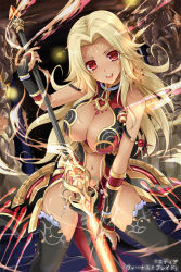Rule 34 | 1girl, arm guards, black thighhighs, blonde hair, breasts, center opening, cleavage, cleavage cutout, clothing cutout, copyright name, facial mark, hisen kaede, kikyou-0423, large breasts, looking at viewer, nail polish, navel, official art, open mouth, red eyes, shiny skin, smile, solo, spread legs, thighhighs, venus blade