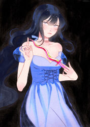 Rule 34 | 1girl, bare shoulders, black background, black hair, blue eyes, blue hair, blue theme, breasts, brown background, choker, closed mouth, collarbone, commentary, cowboy shot, cross-laced clothes, cross-laced dress, dress, english commentary, fingernails, floating hair, grey eyes, hands up, holding, holding sword, holding weapon, jewelry, long hair, looking at viewer, medium breasts, necklace, no panties, off-shoulder dress, off shoulder, original, pendant, renemesia, see-through, see-through dress, short sword, signature, solo, sword, weapon