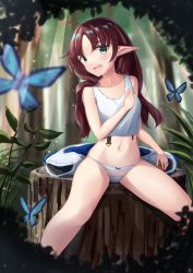 Rule 34 | 1girl, absurdres, ahoge, akinakesu-chan, animal, arknights, bare arms, bare shoulders, blurry, blurry background, blurry foreground, bow, bow panties, breasts, brown hair, bug, butterfly, depth of field, feet out of frame, forest, green eyes, hand up, highres, insect, long hair, looking at viewer, myrtle (arknights), nature, navel, open mouth, outdoors, panties, parted bangs, pointy ears, small breasts, solo, tank top, tree, tree stump, underwear, very long hair, wavy mouth, white panties, white tank top