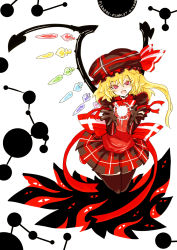 Rule 34 | 1girl, alternate color, alternate costume, bad id, bad pixiv id, black gloves, black thighhighs, blonde hair, colored eyelashes, crystal, elbow gloves, fang, female focus, flandre scarlet, gloves, hat, hat ribbon, highres, long sleeves, open mouth, puffy sleeves, red eyes, ribbon, side ponytail, solo, sonjow4, thighhighs, touhou, wings, zettai ryouiki