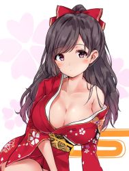 Rule 34 | 1girl, alternate costume, bare shoulders, blush, bow, breasts, brown hair, cleavage, closed mouth, collarbone, floral print, hair bow, high ponytail, highres, idolmaster, idolmaster shiny colors, japanese clothes, kimono, large breasts, long hair, long sleeves, looking at viewer, minikon, obi, off shoulder, ponytail, print kimono, red bow, red eyes, red kimono, sash, simple background, solo, swept bangs, tsukioka kogane, white background, wide sleeves