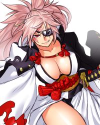 Rule 34 | &gt;:), 1girl, amputee, baiken, breasts, cleavage, collarbone, cowboy shot, grin, guilty gear, guilty gear xrd, japanese clothes, katana, kimono, large breasts, long hair, long sleeves, looking at viewer, obi, one-eyed, onsoku inu, pink hair, ponytail, red eyes, sash, scar, scar across eye, scar on face, sheath, sheathed, smile, solo, sword, v-shaped eyebrows, weapon, wide sleeves