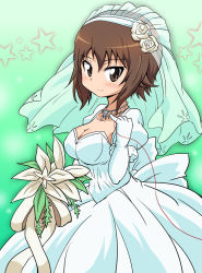 Rule 34 | 10s, 1girl, blush, bouquet, breasts, bridal veil, bride, brown eyes, brown hair, cleavage, dress, elbow gloves, flower, girls und panzer, gloves, headdress, jewelry, looking at viewer, maru takeo, necklace, nishizumi maho, short hair, smile, solo, standing, star (symbol), string, string of fate, veil, wedding dress, white dress