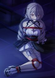 Rule 34 | 1girl, absurdres, arms behind back, bare shoulders, bdsm, bondage, bound, bound ankles, bound arms, bound legs, breasts, bronya zaychik, cloth gag, crossed bangs, detached sleeves, dress, drill hair, gag, gagged, gloves, grey eyes, grey hair, hair between eyes, highres, honkai (series), honkai impact 3rd, improvised gag, large breasts, long hair, looking at viewer, pink pupils, red rope, restrained, rope, shibari, shibari over clothes, single thighhigh, solo, thighhighs, twin drills, vakaosciosa, white dress