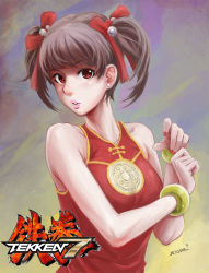 Rule 34 | 1girl, absurdres, bracelet, breasts, brown eyes, brown hair, china dress, chinese clothes, copyright name, dress, earrings, highres, jewelry, ling xiaoyu, lips, makatags, nail polish, namco, puckered lips, short twintails, sleeveless, sleeveless dress, small breasts, solo, tekken, twintails