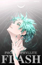 Rule 34 | 1other, adam&#039;s apple, androgynous, aqua eyes, aqua hair, aqua nails, artist name, character name, closed mouth, colored eyelashes, copyright name, cracked skin, crescent, crystal hair, eyelashes, from side, gradient background, grey background, hand on own neck, highres, houseki no kuni, looking away, looking up, nail polish, other focus, phosphophyllite, portrait, severed head, short hair, smile, solo, zother