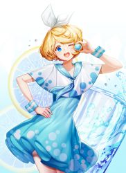 Rule 34 | 1girl, absurdres, bad id, bad pixiv id, blonde hair, blue dress, blue eyes, blue neckerchief, capelet, commentary, contrapposto, cowboy shot, dress, drink, food, fruit, glass, hand on own hip, highres, kagamine rin, lepoule, looking at viewer, neckerchief, one eye closed, smile, solo, vocaloid, wristband