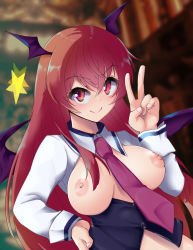 Rule 34 | 1girl, bat wings, black vest, breastless clothes, breasts, breasts out, collared shirt, demon girl, demon wings, head wings, highres, hits (hitstts), koakuma, library, long hair, long sleeves, looking at viewer, medium breasts, necktie, nipples, red eyes, red hair, red necktie, shirt, solo, touhou, vest, voile, white shirt, wings