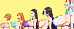 Rule 34 | 47 hard, 5girls, absurdres, bikini, bikini top only, blue eyes, blue hair, boa hancock, breasts, covered erect nipples, earrings, female focus, gigantic breasts, hair ornament, hair stick, height difference, highres, horns, huge breasts, jewelry, koala (one piece), long hair, matching hair/eyes, multicolored hair, multiple girls, nami (one piece), nico robin, one piece, orange eyes, orange hair, ponytail, short hair, sideboob, size difference, tall female, tattoo, two-tone hair, upper body, white hair, yamato (one piece)