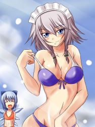 Rule 34 | bare shoulders, bikini, blue eyes, blue hair, blush, bow, breasts, cirno, cleavage, cloud, day, closed eyes, fairy, front-tie top, hair bow, highres, izayoi sakuya, large breasts, maid headdress, midriff, multiple girls, navel, nishi koutarou, short hair, silver hair, smile, sunlight, swimsuit, teasing, touhou, wings