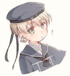 Rule 34 | 10s, 1girl, ?, anchor, anchor earrings, blonde hair, blue eyes, blush, clothes writing, earrings, hat, jewelry, kantai collection, neckerchief, sailor collar, santa hat, short hair, simple background, single earring, solo, upper body, white background, yae (yaecun), z1 leberecht maass (kancolle)