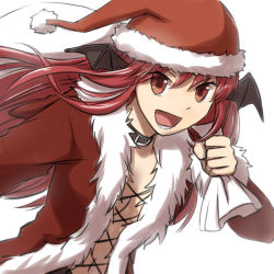 Rule 34 | 1girl, :d, bat wings, belt, belt collar, black belt, black wings, coat, collar, commentary request, fur-trimmed coat, fur trim, grin, hat, head wings, holding, long hair, looking at viewer, natsuya (kuttuki), navel, open mouth, ragnarok online, red coat, red eyes, red hair, rogue (ragnarok online), santa hat, simple background, smile, solo, upper body, white background, wings