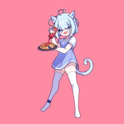 Rule 34 | 1girl, animal ears, blue eyes, blue hair, cat ears, cat tail, cross (vgne4542), food, highres, jelly hoshiumi, phase connect, pizza, simple background, smile, solo, tail