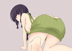 Rule 34 | 10s, 1girl, all fours, ass, backless outfit, bare arms, bare back, bare shoulders, black eyes, black hair, braid, breasts, butt crack, dress, from behind, from side, green sweater, halterneck, kantai collection, kiri (foxsnake), kitakami (kancolle), looking at viewer, meme attire, naked sweater, ribbed sweater, sideboob, single braid, solo, sweater, sweater dress, turtleneck, turtleneck sweater, virgin killer sweater