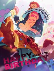 Rule 34 | 1boy, bracelet, charlotte katakuri, confetti, dated, doughnut, food, from side, fur-trimmed jacket, fur trim, happy birthday, highres, jacket, jewelry, male focus, one piece, qin (7833198), scarf, scarf over mouth, sleeveless, solo, spiked bracelet, spikes, sweets, tattoo