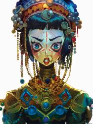 Rule 34 | 1girl, andrewcockroach, black hair, blue eyes, body jewelry, gold skin, headdress, highres, jibaro (love death + robots), looking at viewer, red lips, short hair, siren (jibaro), solo