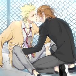 Rule 34 | 2boys, arm grab, blonde hair, brown hair, cardigan, chain-link fence, closed eyes, fence, grey pants, jacket, kiss, long sleeves, looking at another, male focus, multiple boys, necktie, on roof, one outs, pants, rooftop, school uniform, shirt, shoes, sic77, sitting, spiked hair, takami itsuki, tokuchi toua, white shirt, yaoi, aged down