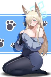 Rule 34 | 1girl, absurdres, animal ears, black pantyhose, blonde hair, blue archive, blue eyes, blush, breasts, cho!cho!, closed mouth, covering privates, covering breasts, hair over one eye, halo, highres, kanna (blue archive), large breasts, long hair, pantyhose, paw print, paw print background, sitting, solo, sweatdrop, wariza