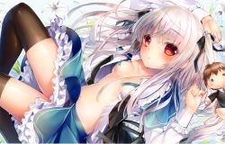 Rule 34 | 10s, 1girl, absolute duo, absurdres, arm up, black thighhighs, blush, breasts, character doll, convenient censoring, dutch angle, flower, hair bobbles, hair ornament, hair ribbon, highres, long hair, looking at viewer, lying, navel, no bra, open clothes, open shirt, parted lips, red eyes, ribbon, shirt, silver hair, skirt, small breasts, solo, sorimura youji, thighhighs, two side up, yurie sigtuna