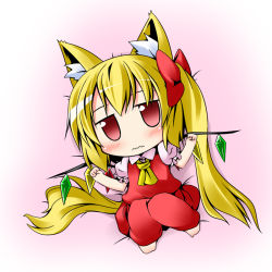 Rule 34 | 1girl, animal ears, blonde hair, blush, chibi, clenched hands, dog ears, dog tail, female focus, flandre scarlet, ichimi, jitome, kemonomimi mode, no headwear, no headwear, red eyes, side ponytail, solo, tail, embodiment of scarlet devil, touhou, wavy mouth, wings