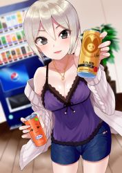 Rule 34 | 1girl, :3, babydoll, bad id, bad pixiv id, blurry, blurry background, blush, breasts, can, cardigan, cleavage, commentary request, cowboy shot, denim, dutch angle, fingernails, gomashi (goma), grey eyes, hair between eyes, highres, holding, holding can, idolmaster, idolmaster cinderella girls, idolmaster cinderella girls starlight stage, indoors, jewelry, jitome, koshimizu sachiko, long sleeves, looking at viewer, medium breasts, necklace, off shoulder, open cardigan, open clothes, parted lips, pendant, plant, potted plant, revision, ribbed sweater, shiomi syuko, short hair, short shorts, shorts, sidelocks, silver hair, smile, solo, standing, sweater, ueki-chan, vending machine