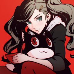 Rule 34 | 10s, 1girl, :3, brown hair, cat, earrings, hair ornament, ilya kuvshinov, jewelry, long hair, looking at viewer, morgana (persona 5), pantyhose, persona, persona 5, red background, red eyes, red pantyhose, revision, simple background, takamaki anne, twintails