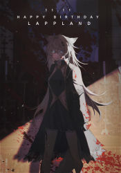 Rule 34 | 1girl, animal ears, arknights, black dress, black jacket, blood, blood on clothes, blood on face, blue eyes, character name, dated, dress, feet out of frame, grey hair, hair between eyes, hair ornament, hairclip, happy birthday, highres, jacket, lappland (arknights), open clothes, open jacket, parted lips, senjou no pentsu, shirt, solo, standing, tail, white shirt