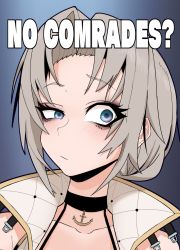 Rule 34 | 1girl, anchor choker, azur lane, bare shoulders, collarbone, commentary, english commentary, english text, eyebrows, forehead, gradient background, grey background, highres, kronshtadt (azur lane), looking at viewer, meme, no bitches? (meme), platinum blonde hair, rumi (rumigawa31), simple background