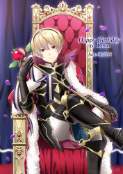 Rule 34 | 1boy, armor, armored boots, artist name, bad id, bad pixiv id, birthday, blonde hair, boots, cape, character name, dated, fire emblem, fire emblem fates, fur trim, fuzuki yuu, happy birthday, holding, holding staff, leo (fire emblem), male focus, nintendo, petals, red eyes, sitting, solo, staff, throne