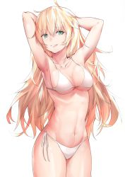 Rule 34 | 1girl, ahoge, alternate costume, armpits, arms behind head, bikini, blonde hair, blush, breasts, cleavage, collarbone, cowboy shot, fang, girls&#039; frontline, green eyes, groin, hair between eyes, head tilt, highres, large breasts, legs together, long hair, looking at viewer, madao, messy hair, navel, parted lips, s.a.t.8 (girls&#039; frontline), side-tie bikini bottom, sidelocks, simple background, smile, solo, stomach, swimsuit, thighs, very long hair, white background, white bikini