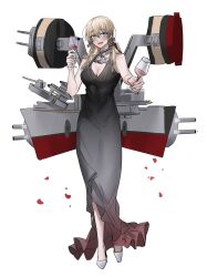 Rule 34 | 1girl, alternate costume, anchor hair ornament, aqua eyes, black dress, blonde hair, breasts, choker, cleavage, commission, cup, dress, drinking glass, full body, gun, hair ornament, high heels, highres, ichimonme (ichi), kantai collection, large breasts, long hair, looking at viewer, low twintails, prinz eugen (kancolle), simple background, solo, turret, twintails, weapon, white background, white footwear, wine glass