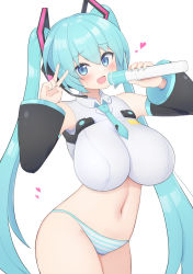 Rule 34 | 1girl, alternate breast size, blue eyes, blue hair, blue nails, blue necktie, blue panties, blush, breasts, collared shirt, cropped shirt, detached sleeves, doll joints, frame arms girl, hatsune miku, head tilt, headset, heart, highres, holding, holding microphone, joints, large breasts, looking at viewer, microphone, midriff, nail polish, navel, necktie, panties, shirt, striped clothes, striped panties, subten, twintails, underwear, v, vocaloid, white panties, white shirt