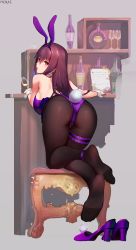 Rule 34 | 1girl, absurdres, alcohol, animal ears, ass, bare back, black pantyhose, chair, cup, drinking glass, fake animal ears, fate/grand order, fate (series), feet, high heels, highres, leotard, long hair, looking back, ninai, official alternate costume, pantyhose, playboy bunny, rabbit ears, red eyes, red hair, scathach (fate), scathach (piercing bunny) (fate), shoes, unworn shoes, soles, toes, whiskey, wine, wine glass
