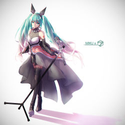 Rule 34 | 1girl, absurdres, aqua hair, black footwear, black gloves, black skirt, blue eyes, boots, breasts, detached sleeves, dress, fingerless gloves, forever 7th capital, full body, gloves, hair between eyes, hairband, hatsune miku, high heel boots, high heels, highres, holding, holding microphone stand, long hair, medium breasts, microphone stand, miniskirt, multicolored hair, pink hair, pleated skirt, skirt, sleeveless, sleeveless dress, solo, tattoo, teay (ttttteay), thigh boots, thighhighs, two-tone hair, very long hair, vocaloid, walking
